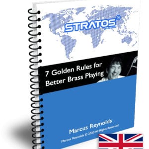 Cover of Marcus Reynolds’ e-book 'Seven Golden Rules for Better Brass Playing' from Stratos, free digital download.